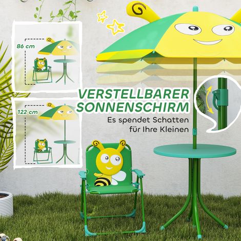 Ensemble de mobilier de jardin pour enfants, chaises, table, parasol, motif abeille, vert et jaune (1/5)