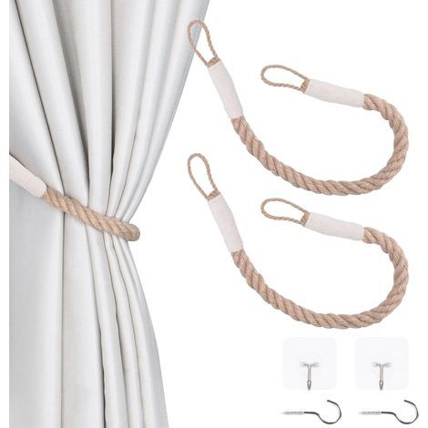 Lot de 2 - Embrasse Rideau - Corde Chanvre - Fixation Murale Sans Perçage - Décoration Intérieur Extérieur - Beige - 54,9x3cm (1/5)