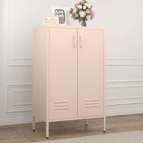 Armoire de rangement - Buffet, en Métal - 2 portes en métal avec 2 étagères réglables, fermeture magnétique, pieds ajustables -  rose (1/5)
