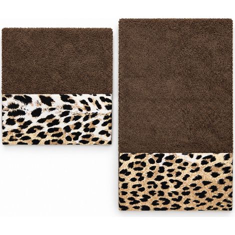 Set Asciugamani 1+1 Marrone con Balza Leopardata, Spugna 100% Cotone 450 g/m², Made in Italy (1/5)