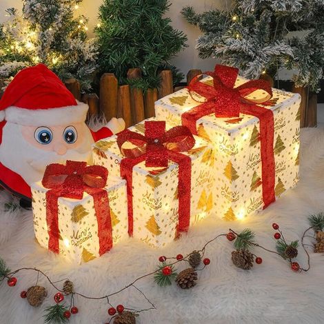 Lot de 3 boîtes cadeaux de Noël illuminées – Dimensions 25x25cm, 20x20cm, 15x15cm – Décorations intérieures et extérieures – Ambiance chaleureuse