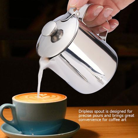 Taza de café de acero inoxidable con tapa, jarra de leche y espumador de leche para latte art (350 ml) (1/5)