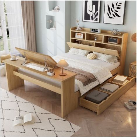 Lit Coffre Rembourré 140x200cm Tiroir Bois - lit double - Tête Rangement Table Pliante Design Moderne Chambre Enfant Adulte Naturel (1/5)