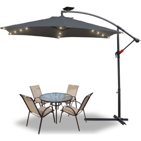 Hengda Ombrellone in alluminio Ø300cm con LED e copertura protettiva Manovella ombrelloni da balcone UV30+ ombrelloni da giardino per patio balcone, grigio (1/5)
