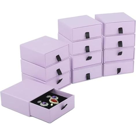 Lot de 12 boîtes cadeaux à bijoux doublées en velours, style tiroir compact pour boucles d'oreilles, bagues, collier et bracelet, 10 x 10 x 4 cm, empilable, élégante et empilable (violet) (1/5)
