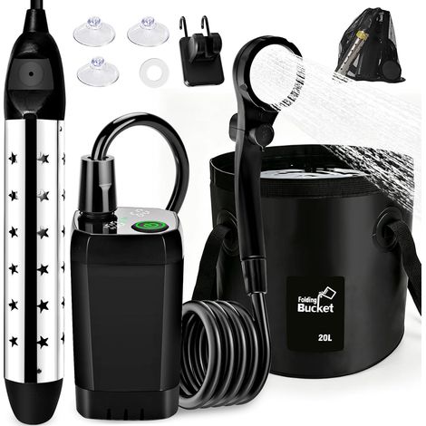 Douche de camping portable avec pompe, 6000 mAh, douche de camping avec fonction chauffante Seau pliable de 20 l avec indicateur de température pour extérieur, voyage, jardin, lavage de voiture (1/5)