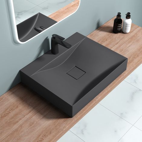 doporro Lavabo da Appoggio o Sospeso Rettangolare Lavandino Bagno con Foro per Rubinetto e Montaggio a Parete, 60x48x12 cm in Marmoresina Antracite Opaco - Colossum810