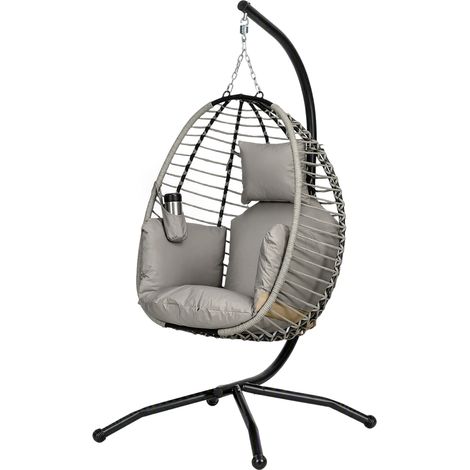 Fauteuil suspendu. Coussins assise/dossier. Panier pliable. Porte-gobelet. Métal. Gris. (1/5)