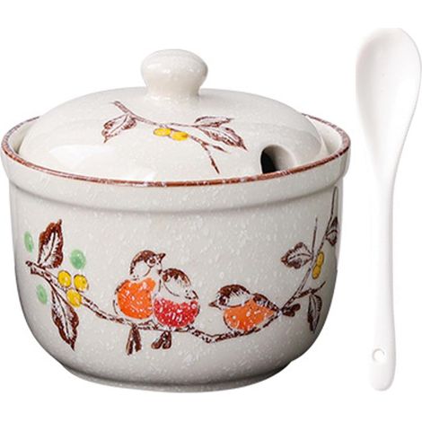 Sucrier en céramique, sucrier avec couvercle et cuillère, pots à épices en céramique, pot à épices avec couvercle pour sucre, sel, fromage, épices (1/5)