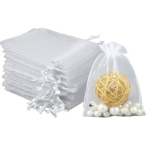 100PCS 9x12cm Blanc Sacs Organza, Sachets Pochettes Cadeau en Organza avec Cordon de Serrage, Sac à Bijoux Sachets pour Lavande, Idé (1/4)