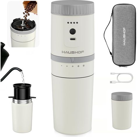 Machine à Café Portable Tout-en-Un avec Broyeur Intégré 5 Réglages de Mouture, Rechargeable USB-C, Mug Isotherme 300 ml, Blanc (1/5)