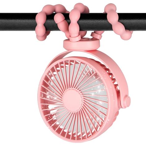 Mini ventilador portátil para cochecito, ventilador giratorio de 360° para asiento de coche, cuna, cinta de correr, rosa (1/5)