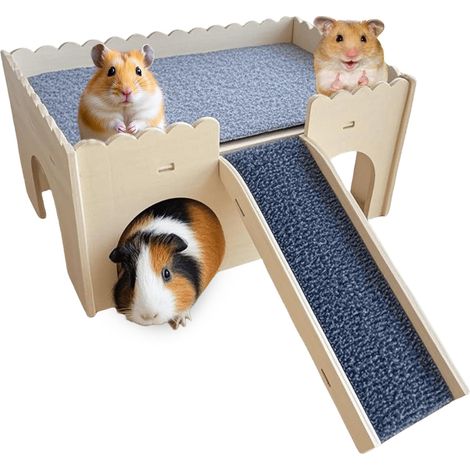 Cachette en bois naturel JeiibrZui pour cochons d'Inde - 38 x 23,7 x 18 cm - 2 niveaux avec échelles et tapis - Couleur naturelle (1/5)