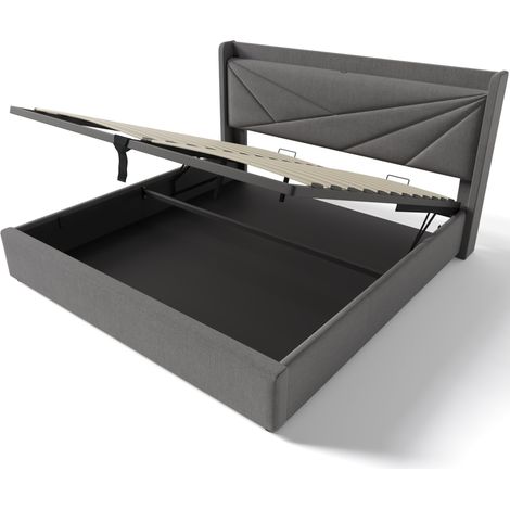 Cama doble con canapé 140x200 cm de lino gris con cabecero USB y USB-C HOMVRA (1/5)
