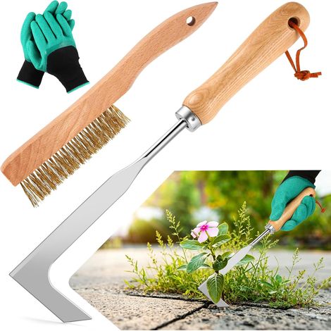 Lot de 2 Outils de désherbage de Jardin avec Brosse et Gants Kit manuel d'élimination des mauvaises herbes avec poignée en bois pour enlever les mauvaises herbes, le pissenlit, la mousse (1/5)
