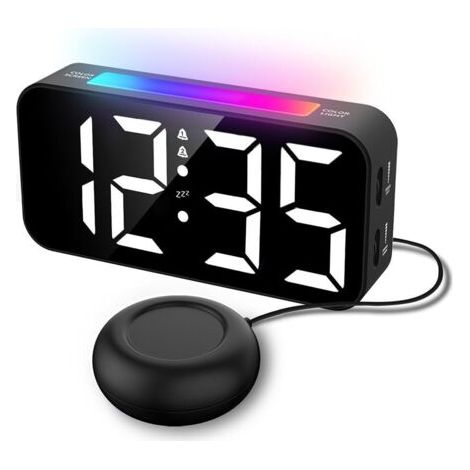 Sveglia doppia con display LED RGB, funzione snooze e vibratore per risveglio silenzioso, regolabile in luminosità e volume, ideale per il letto (1/3)