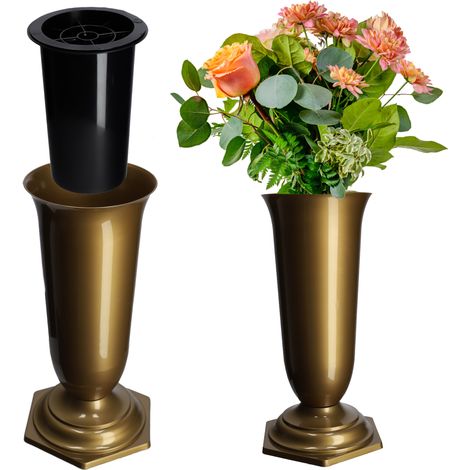 KADAX Grabvase aus Kunststoff, Blumenvase mit einlage, 13 cm, Gold