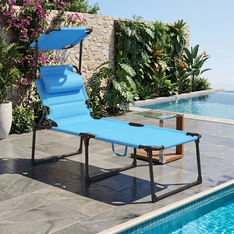 Tumbona de Jardín con Toldo Ajustable Respaldo Regulable 4 Niveles Reposacabezas para Terraza 70x200x45 cm Azul Claro (1/5)