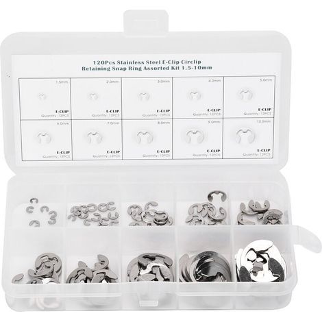 Assortiment de 120 circlips en acier inoxydable avec rondelle de blocage externe, de 1,5 mm à 10 mm (1/4)