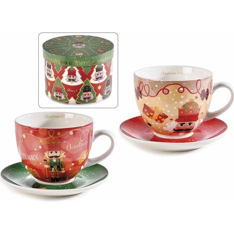 Tazze di Natale soldatino schiaccianoci in porcellana con piattino abbinato, in confezione regalo decorata, set da 2 pezzi, Tazza: Ø 11 cm x 8,5 H