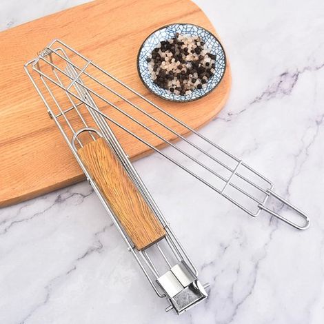Panier à griller antiadhésif avec couvercle verrouillable. Acier inoxydable 403, poignée en bois. Idéal pour la cuisson de poissons, légumes, brochettes, hamburgers et autres aliments sur barbecue à g (1/4)