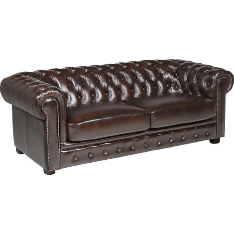 Divano Chesterfield a 3 posti 100% pelle di bufalo Marrone con riflessi castani - BRENTON (1/5)