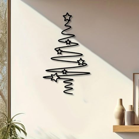 Décoration murale sapin de Noël en métal noir, 11,8 x 6,8 pouces - Design en spirale avec 6 étoiles (1/5)