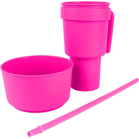 2 en 1 Gobelet à Snack et Boisson avec Paille, Grande Ouverture, Plastique, Bol à Snack pour Cinéma, Maison, Voyage, Rose (1/5)