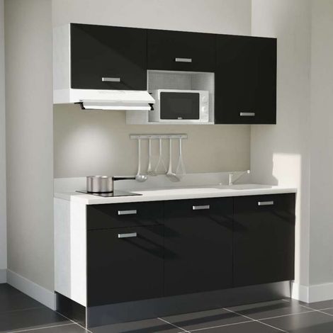 Kitchenette K30L - 180 cm - emplacements micro-ondes et hotte-Noir-Snova-évier à droite (1/4)