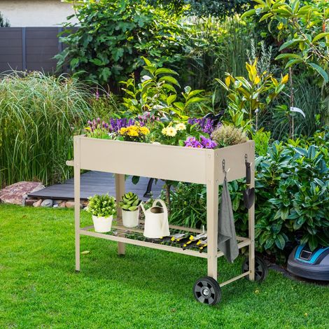 Jardinière Surélevé en Métal avec Pieds Lit de Jardin sur Roulette avec Étagère Trous de Drainage Crochets de Suspension et Poignée Blanc (1/2)