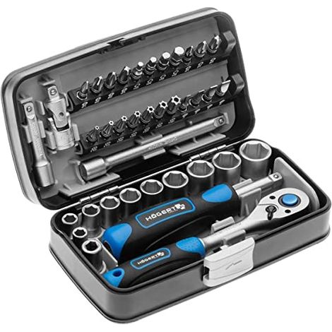 Högert Technik - Cassetta Attrezzi, Set Attrezzi, Valigetta Attrezzi, Set Utensili, Kit Attrezzi, Set di Chiavi a Bussola e Accessori 1/4", Meccanismo a Cricchetto con 72 Denti - HT1R462, 38 Pezzi (1/4)