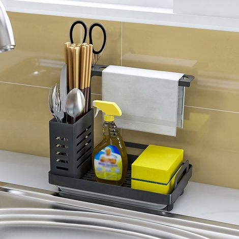 Organisateur d'évier en acier inoxydable 304 avec distributeur de savon, porte-éponges et porte-brosses à vaisselle, ventouses et bac d'égouttage. (1/5)