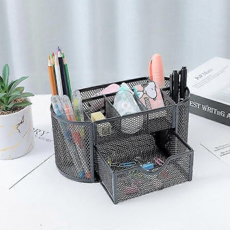 Schwarzer Schreibtisch-Organizer aus Metall mit Schublade und Stifthalter, kompaktes, platzsparendes Design fürs Büro (1/5)