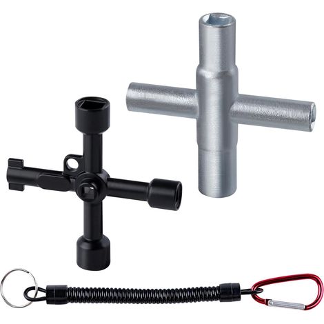 Lot de 2 clés de robinet à 4 voies multifonctions en acier pour robinet, robinet, robinet, bouche, armoire de commande (1/5)