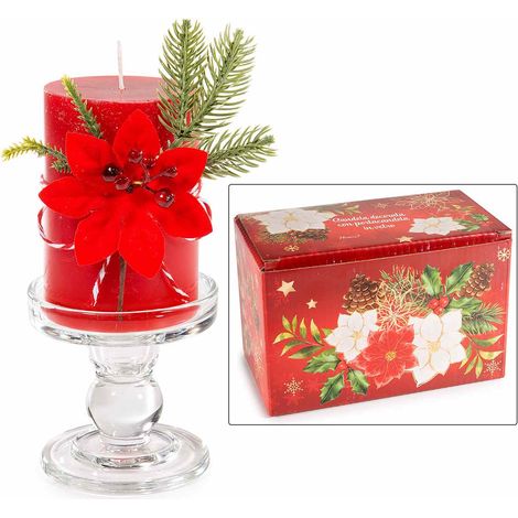 Candele natalizie rosse decorate con fiore di stella di Natale, bacche e rami di pino con portacandela in vetro, set da 4 pezzi, Candela: Ø 7 x 10 H
