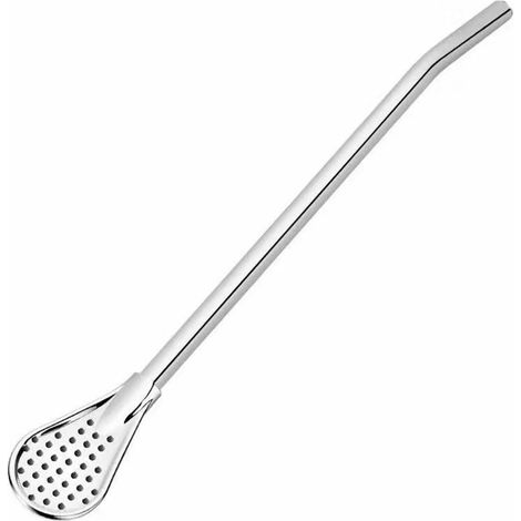 Cannuccia-cucchiaio riutilizzabile e multifunzionale in acciaio inox con lungo filtro metallico per tè al latte, caffè e altre bevande. (1/5)