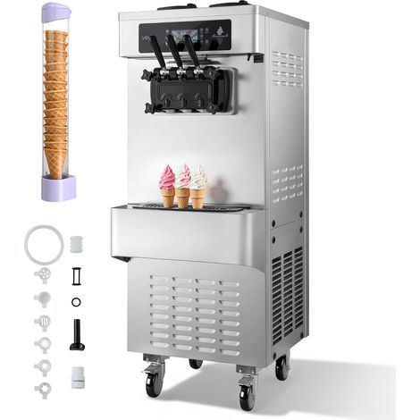 VEVOR Machine a Glace Molle Rendement 20-28 L/h, Machine a Creme Glacee Commerciale 2200 W, pour Glacier Patisserie, Autoportant, 3 Parfums avec 2 Tremies de 6 L et Pompe de Soufflage Integree (1/5)