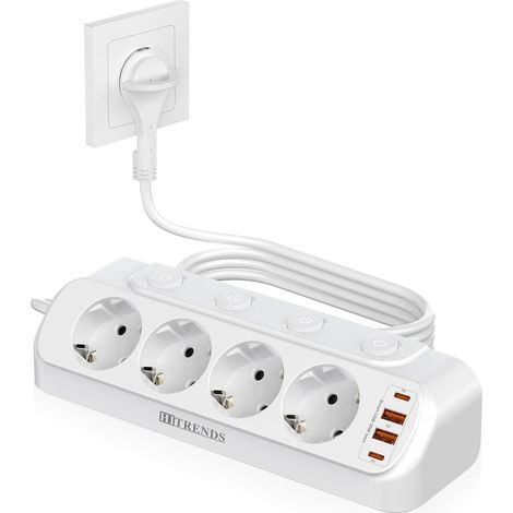 Multiprise de table avec USB C 20 W, 4 prises, prise d'angle plate, multiprise 8 en 1, avec 4 prises USB, interrupteur à 4 prises, blanc (1/5)