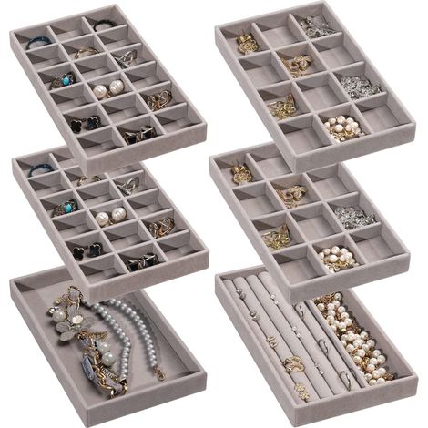 Bandeja para guardar joyas, bandeja apilable de terciopelo para joyas, organizador de cajones para pendientes, anillos, aretes, collares, caja para guardar joyas, juego de 6 (gris)