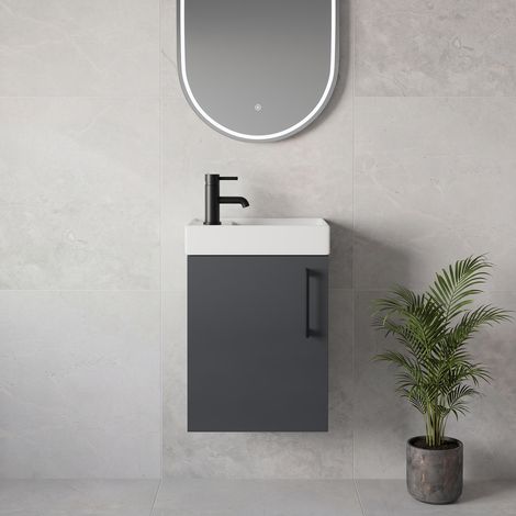 Napoli Cube Gloss Grey 400mm Wall Mounted Single Door Vanity Unit with Align Basin - 400mm - Matt Black 160mm Handle