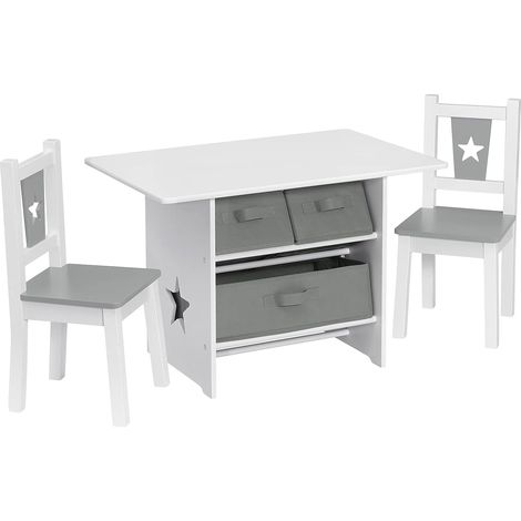 Woltu – Ensemble table et chaises pour enfants – 1 table 72x49x50 cm + 2 chaises 27x27x52 cm – 3 paniers de rangement – MDF et acier – Blanc et gris