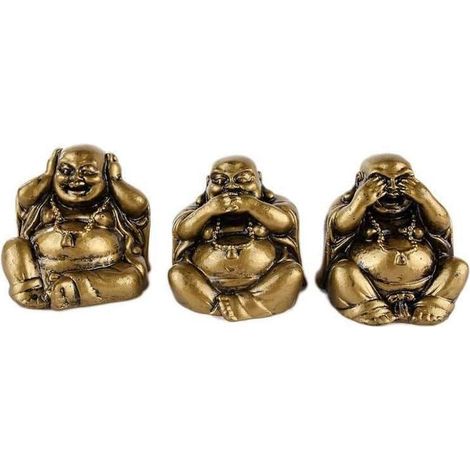 Coffret 3 Statuettes Bouddha, Or, Sagesse, Feng Shui, Salon Bureau