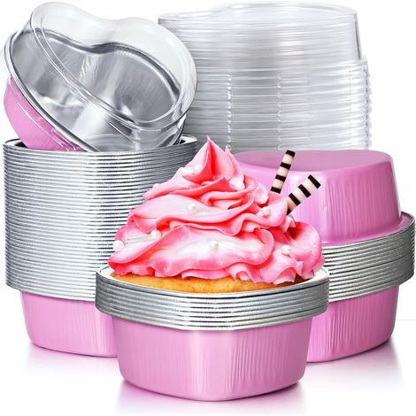 Moule à mini-gâteaux en aluminium en forme de cœur avec couvercles, 100 ml / 3,4 oz, jetable, idéal pour la Saint-Valentin, la fête des mères, un mariage, Noël ou un anniversaire. (1/5)