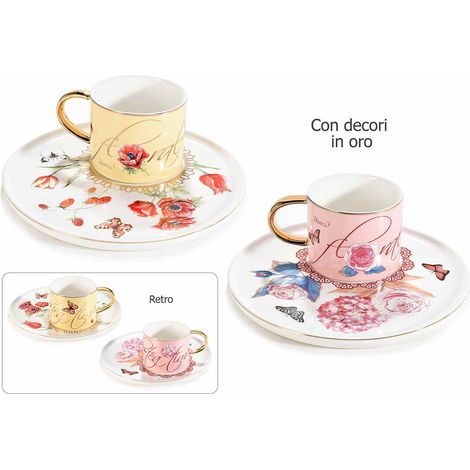 Tazzine da caffé con piattini in porcellana, manico e decori in oro, set da 2 pezzi, Tazzina: Ø 8 cm x 6,5 H