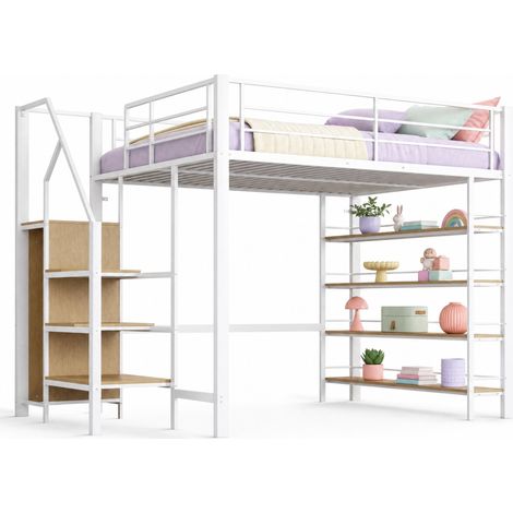 Lit mezzanine 140x200 en métal blanc gain de place avec escalier de rangement, penderie, étagères et sécurité renforcée pour chambre ado - CHICFURN (1/5)