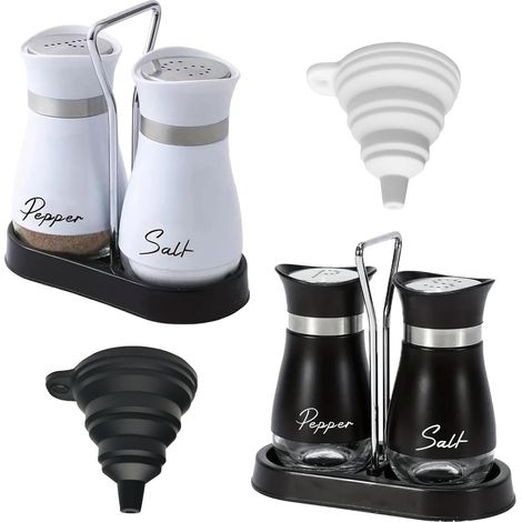 4 PCS salieres et poivrieres avec support et 2 entonnoirs,Acier Inoxydable Salière et Poivrière Set pour Cuisine, Barbecue, Table à Manger, Camping-Car(noir et blanc) (1/5)