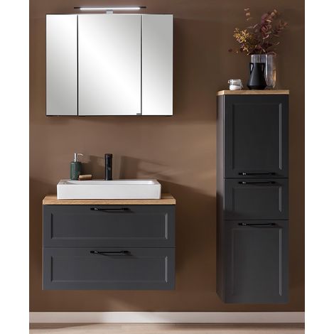 Badezimmerset im Landhaus Stil mit Keramik Waschbecken & LED-Aufbauleuchte in dunkelgrau MARLING-03, B/H/T ca. 140/200/47 cm (1/5)