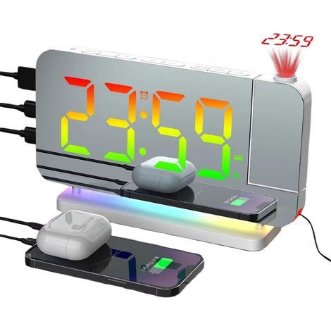 Réveil avec projecteur + lumière d'ambiance RVB & Radio FM Base Miroir Veilleuse Autoréglable pour chambre / bureau (1/5)