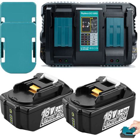 2X Akkus für Makita 18V 5,0Ah BL1850B LED Ersatzakku mit 1X DC18RD Doppel-SchnellLadegerät und 2X Akkuhalterung Ersatz für Makita 18V Li-ion Akku BL1860B BL1850B BL1830 BL1840 LXT BL1850 BL1860 BL1815