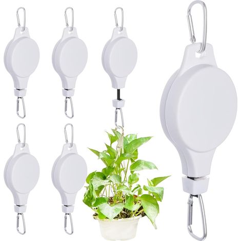 6 Gartenhaken – mit einziehbarer Seilzugvorrichtung für Pflanzen, höhenverstellbar – für Körbe und Töpfe – weiß – 90 cm